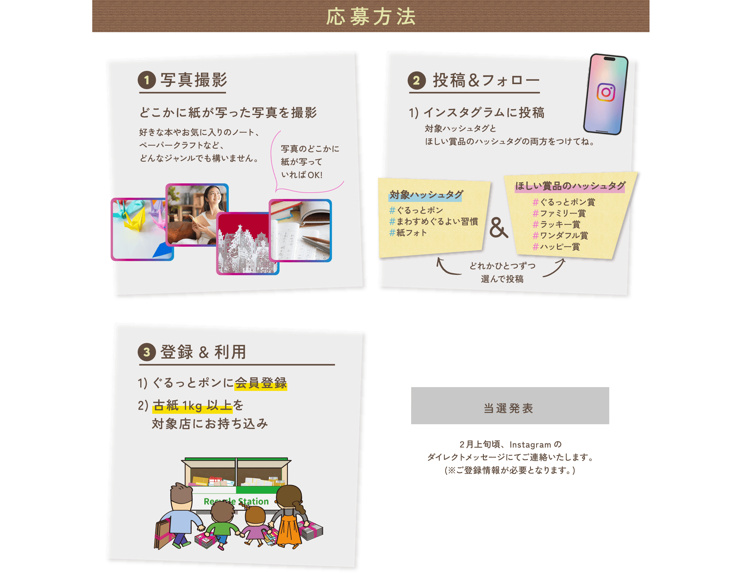 応募方法 | 1.写真撮影 2.投稿＆フォロー 3.登録＆利用